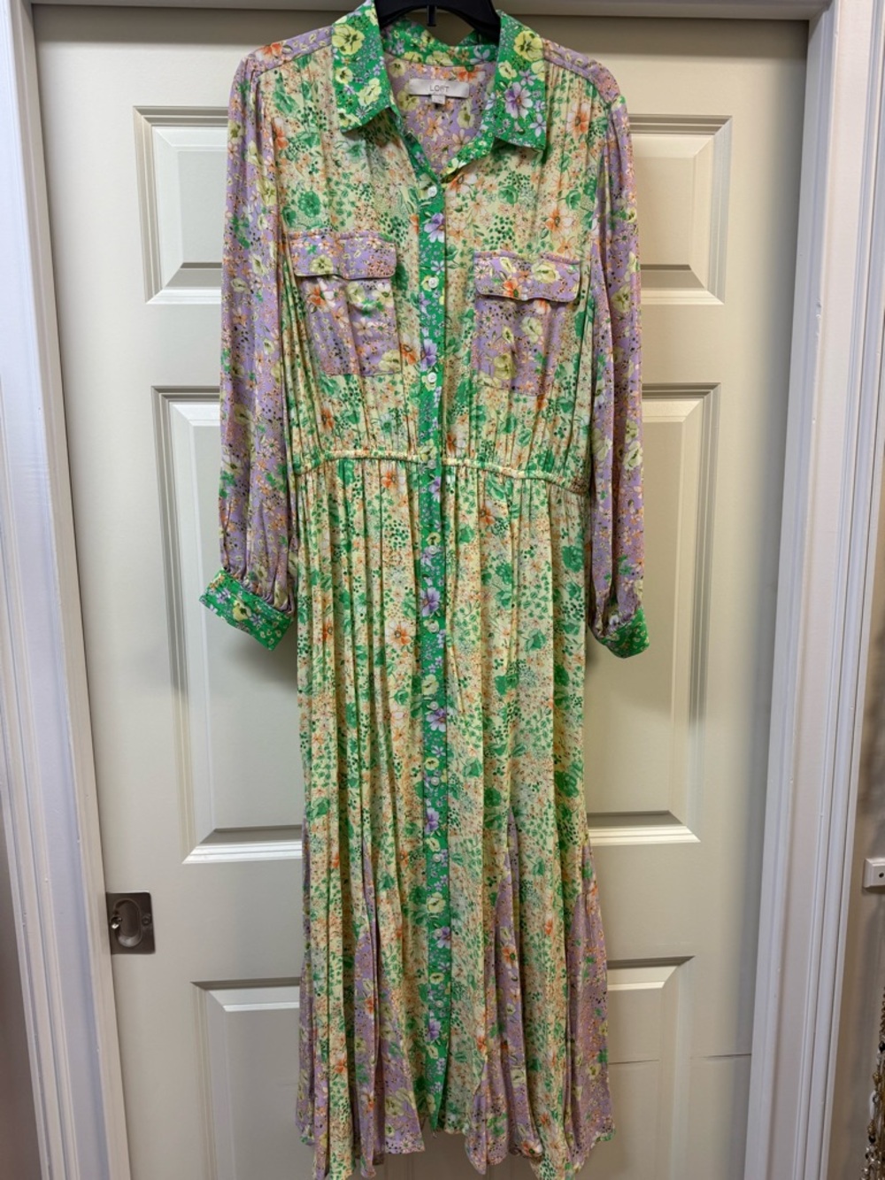 LOFT Green and Lavender Floral Button-Up Dress - Picture 3 of 7